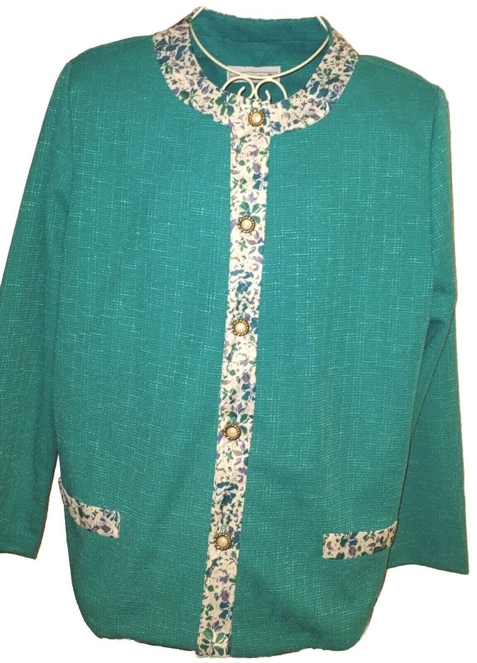 Sz 18WP Turquoise Acrylic Poly Blend Blazer Jacket Floral Pearl Buttons